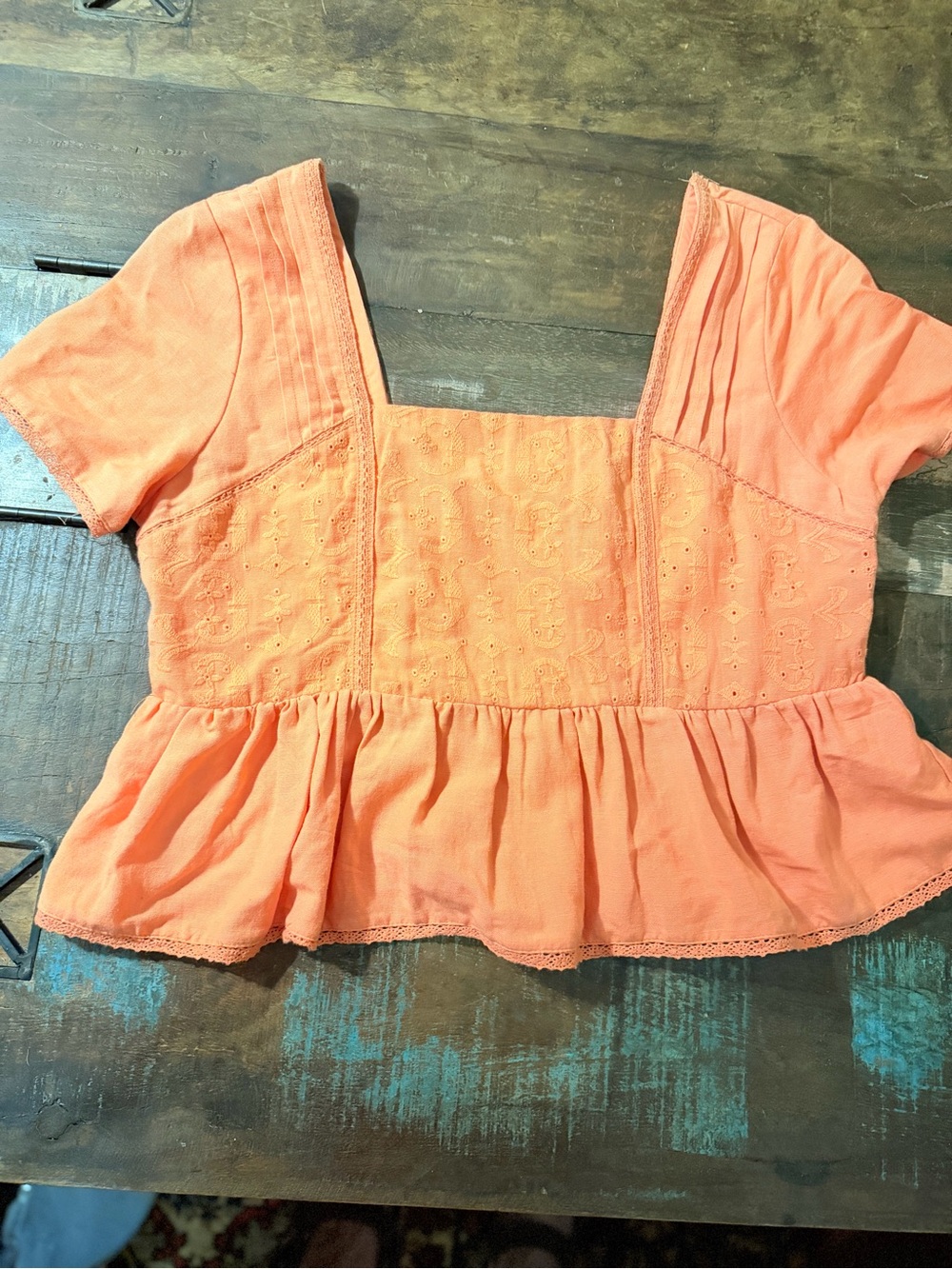 Women’s Linen Blend Square Neck Peplum Top - Coral Pink with Smocked Back